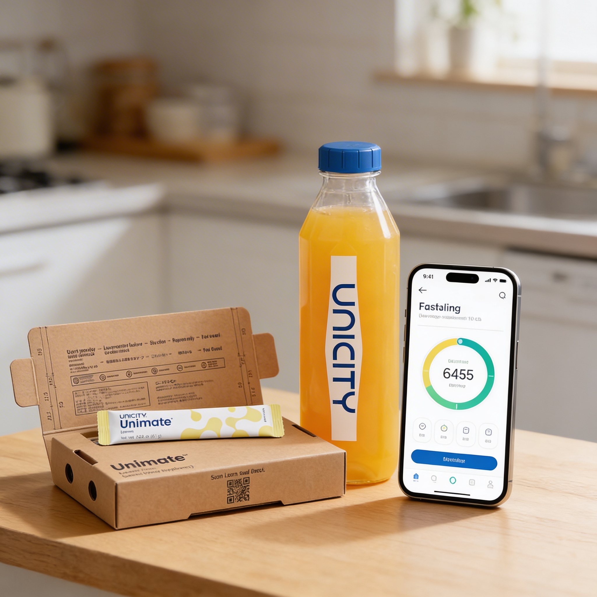 Unimate trial pack with sachets, mixed drink, and Fasting Coach app
